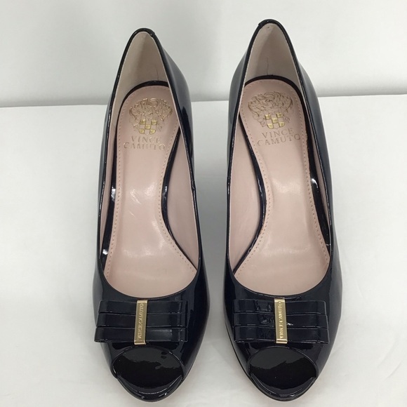 Vince Camuto Veny Patent Leather Open Toe Wedge Heel Black NWT Size 8 - Picture 4 of 11